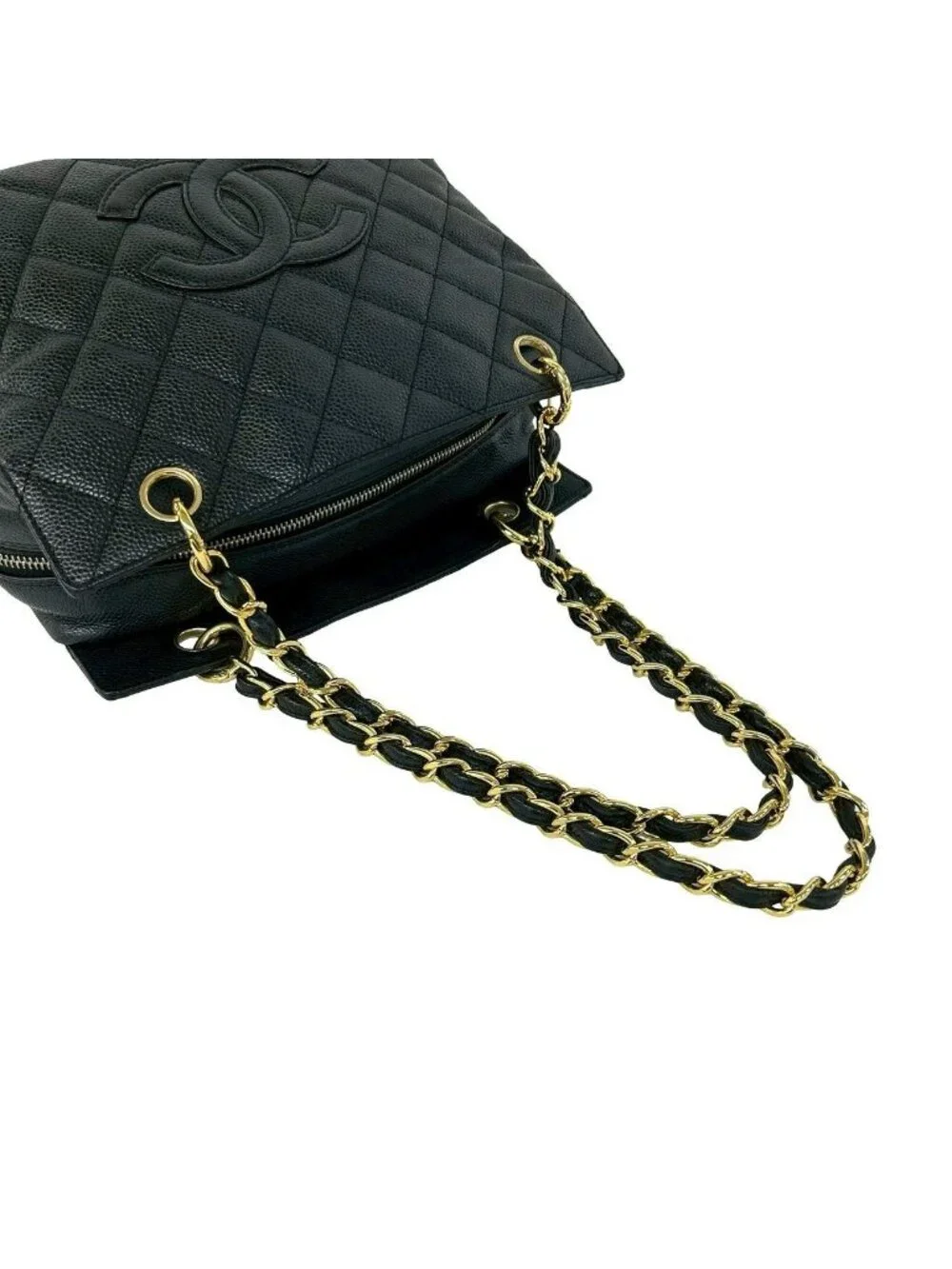 Chanel Quilted CC Logo Caviar Leather Shoulder Bag Tote Black